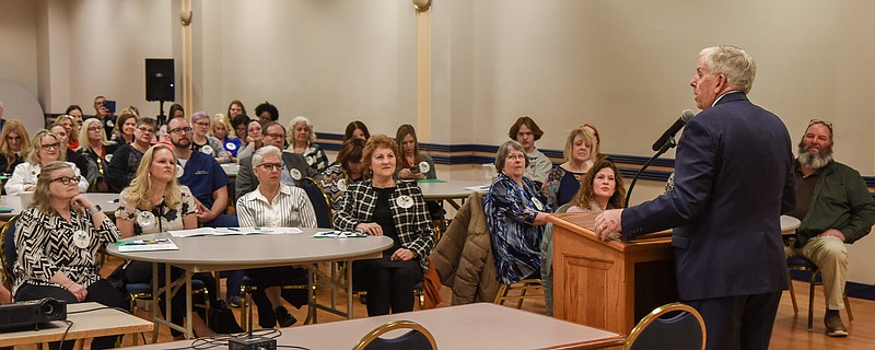 Julie Smith/News Tribune photo: 
Missouri Gov. Mike Parson addressed a group of Advanced Practice Registered Nurses Wednesday, March 22, 2023, in the Governor Office Building in Jefferson City. They  attended an informational meeting before going to the Capitol to see their legislators.