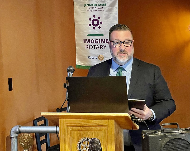 Photo courtesy Mary Ann Beahon: 
Jeremy Moreland, William Woods University President, speaks Wednesday, March 22, 2023, about campus updates to Fulton Rotarians at their meeting. This is Moreland's second year as president of WWU.