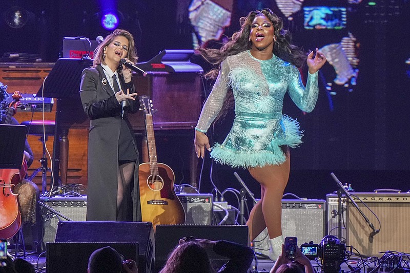 Maren Morris, left, and Alexia Noelle perform at &quot;Love Rising,&quot; a benefit concert for the Tennessee Equality Project, Inclusion Tennessee, OUTMemphis and The Tennessee Pride Chamber, on Monday, March 20, 2023, at the Bridgestone Arena in Nashville, Tenn. (Photo by Ed Rode/Invision/AP)