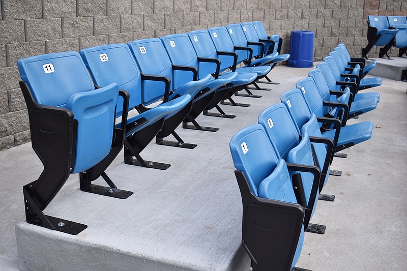 Democrat photo/Garrett Fuller — New stadium-style seating are seen March 18 at the California High School baseball/softball facility. Parents of baseball and softball players can reserve the seats to watch their children play in comfort while supporting the baseball and softball booster clubs. In addition to the new seating, new bleachers and an improved backstop were installed over the winter.