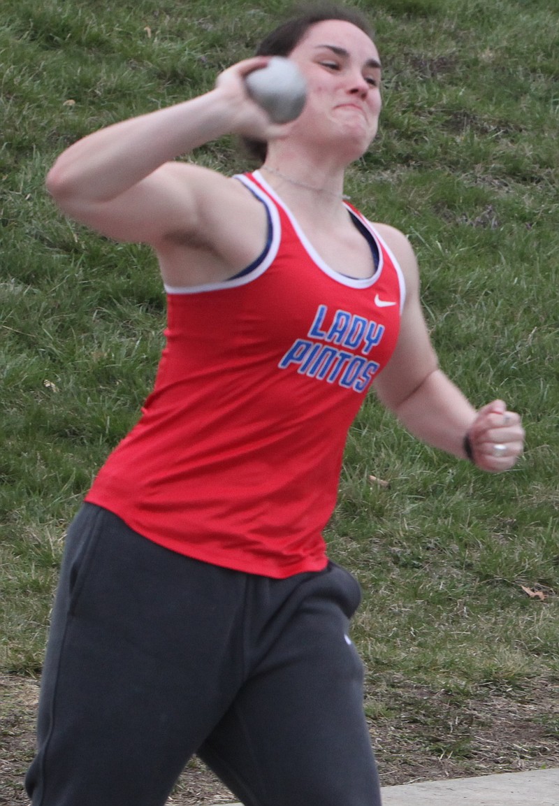 Emma Braby finished second place in the girls shot put with a throw of 9.42 meters. Braby also won the girls javelin with a new personal record throw of 33.23 meters. (Democrat photo/Evan Holmes)