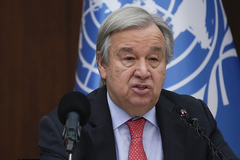 FILE - United Nations Secretary-General Antonio Guterres speaks to reporters during a news conference, in Baghdad, Iraq, March 1, 2023. The United Nations chief urged the first world conference on water in over 45 years on Wednesday, March 22, to address the “21st-century emergency” that is wasting the world’s most important resource and has left billions of people without clean water and basic sanitation. (AP Photo/Hadi Mizban, File)