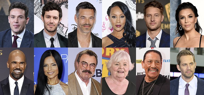 This combination of photos shows actors who have appeared on the daytime series “The Young and the Restless” over the years. Top row from left, Kevin Alejandro, Adam Brody, Eddie Cibrian, Vivica A. Fox, Justin Hartley, Eva Longoria; bottom row from left, Shemar Moore, Victoria Rowell, Tom Selleck, June Squibb, Danny Trejo and Paul Walker. (The Associated Press)