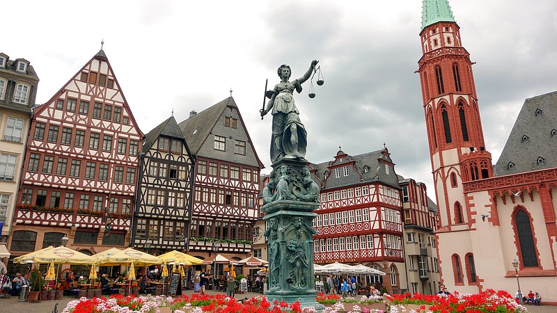 Frankfurt’s Romerberg Square looks old, but the half-timbered buildings were rebuilt in 1983, four decades after bombs destroyed the originals during World War II. (Rick Steves)