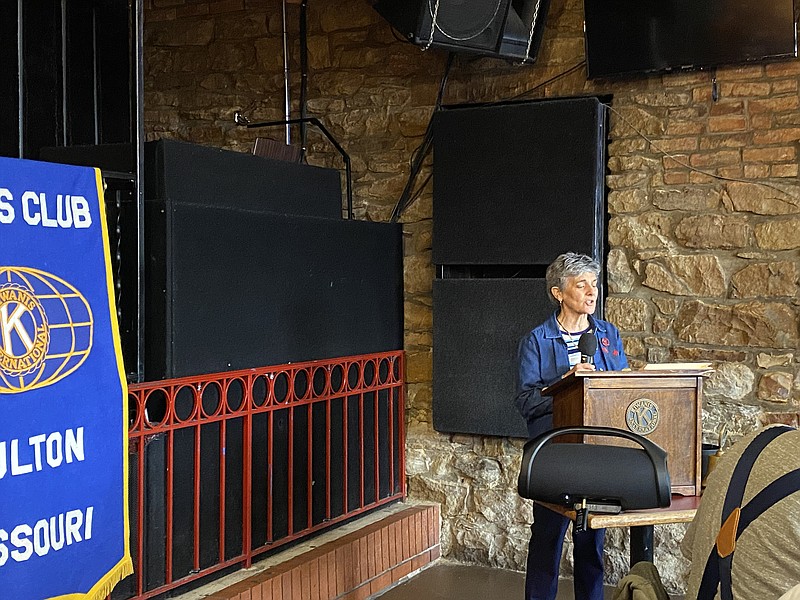 Anakin Bush/Fulton Sun
Sue Beaty, Open Table president, speaks to Fulton Kiwanians at Thursday's meeting. She spoke about the process of bringing Open Table to Fulton and about the services it provides.