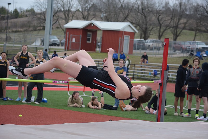 Bennett Horne/McDonald County Press Gia Coffel, a freshman on the Lady Mustang track team, cleared 4-04.00 to finish fifth in the pole vault during the 2023 Ebenee Munoz Memorial Mustang Stampede on Wednesday, March 22, at Mustang Stadium.