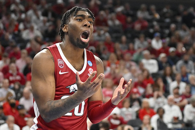 Arkansas' Kamani Johnson reacts in the first half of a Sweet 16 game against UConn in the West Regional of the NCAA Tournament Thursday in Las Vegas. - Photo by David Becker of The Associated Press