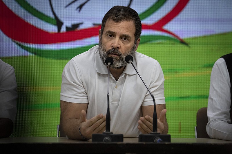 Indian opposition leader Rahul Gandhi addresses a press conference after he was expelled from parliament Friday, a day after a court convicted him of defamation and sentenced him to two years in prison for mocking the surname Modi in an election speech, in New Delhi, India, Saturday, March 25, 2023. Gandhi launched a scathing attack on Prime Minister Narendra Modi and said he was being targeted because he has raised serious questions about Modi's relationship with the Indian business conglomerate Adani group. (AP Photo/Altaf Qadri)