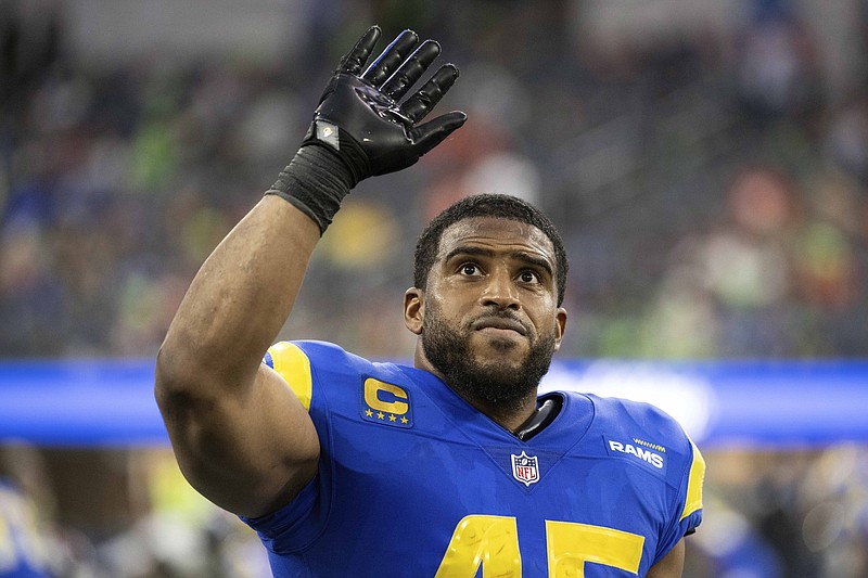 FILE -Los Angeles Rams linebacker Bobby Wagner (45) waves towards the stands during an NFL football game against the Denver Broncos, Sunday, Dec. 25, 2022, in Inglewood, Calif. Bobby Wagner is headed back to the Seattle Seahawks after agreeing to a one-year deal Saturday, March 25, 2023 to rejoin the team with which he became one of the top linebackers in the NFL, according to a person with knowledge of the deal.  (AP Photo/Kyusung Gong, File)