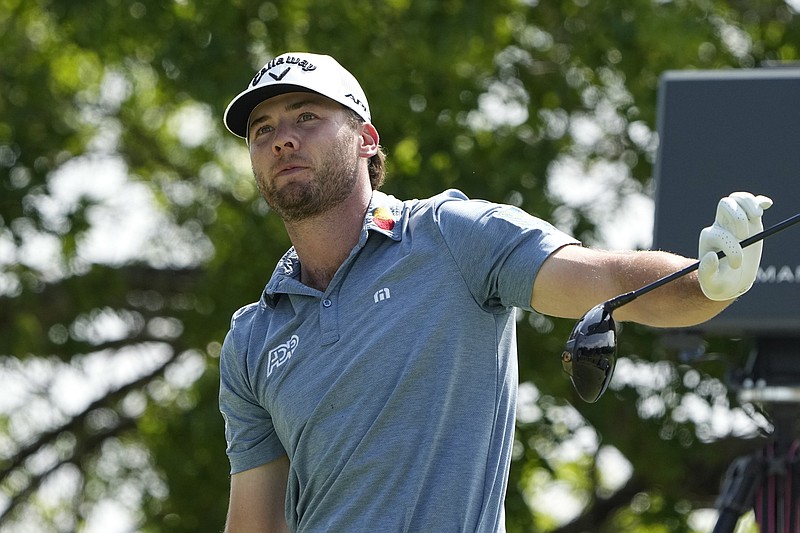 Sam Burns reacts to his drive on the sixth hole during the final match at the Dell Technologies Match Play Championship golf tournament in Austin, Texas, Sunday, March 26, 2023. (AP Photo/Eric Gay)