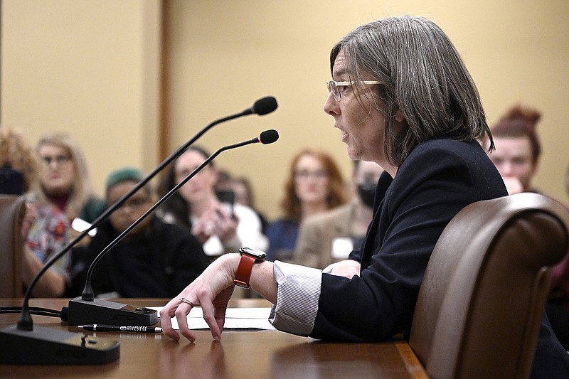 Sarah Everett, Policy Director of the Arkansas ACLU, speaks Jan. 26 against House Bill 1156, which requires students to use the bathroom of their gender assigned at birth, during a meeting of the House committee on Education at the State Capitol in Little Rock.
(File Photo/Arkansas Democrat-Gazette/Stephen Swofford)