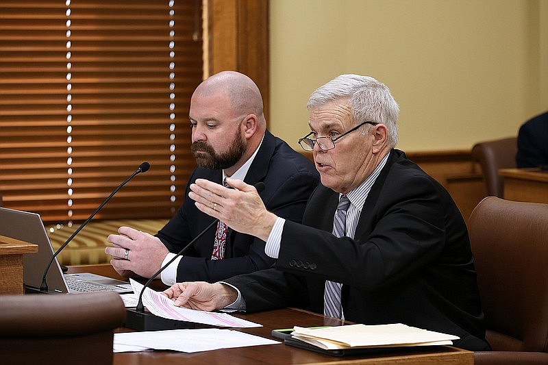 Sen. Dan Sullivan (right), R-Jonesboro, and Rep. Justin Gonzales (left), R-Okalona, present SB81, a bill to amend the law concerning libraries and obscene materials, during the House Judiciary Committee meeting on Tuesday, March 7, 2023, at the state Capitol in Little Rock. .(Arkansas Democrat-Gazette/Thomas Metthe)