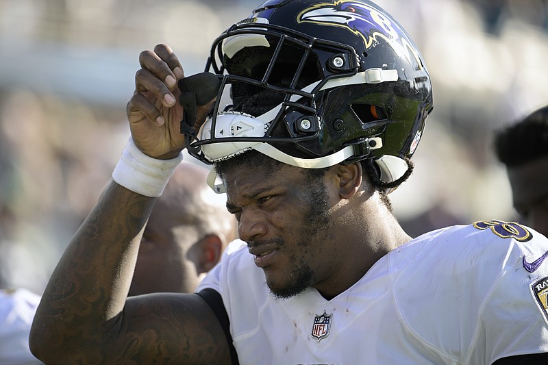 Baltimore Ravens quarterback Lamar Jackson (8) leaves the field after the end of the first half of an NFL football game against the Jacksonville Jaguars, Nov. 27, 2022, in Jacksonville, Fla. Lamar Jackson said Monday, he has requested a trade from the Ravens. - Photo by Phelan M. Ebenhack of The Associated Press