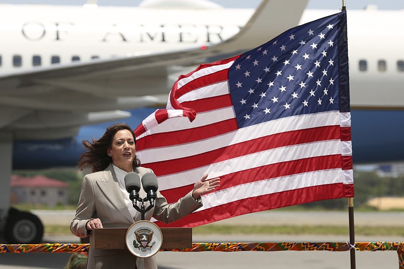 U.S. Vice President Kamala Harris speaks after arriving in Accra, Ghana, Sunday March 26, 2023. Harris is on a seven-day African visit that will also take her to Tanzania and Zambia. (AP Photo/Misper Apawu)
