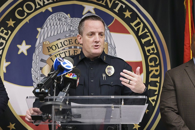 Little Rock Police Department Chief Heath Helton addresses members of the media during a press conference at the LRPD headquarters about multiple overnight shootings, Monday, March 27, 2023, in Little Rock, Ark. (Colin Murphey/Arkansas Democrat-Gazette via AP)