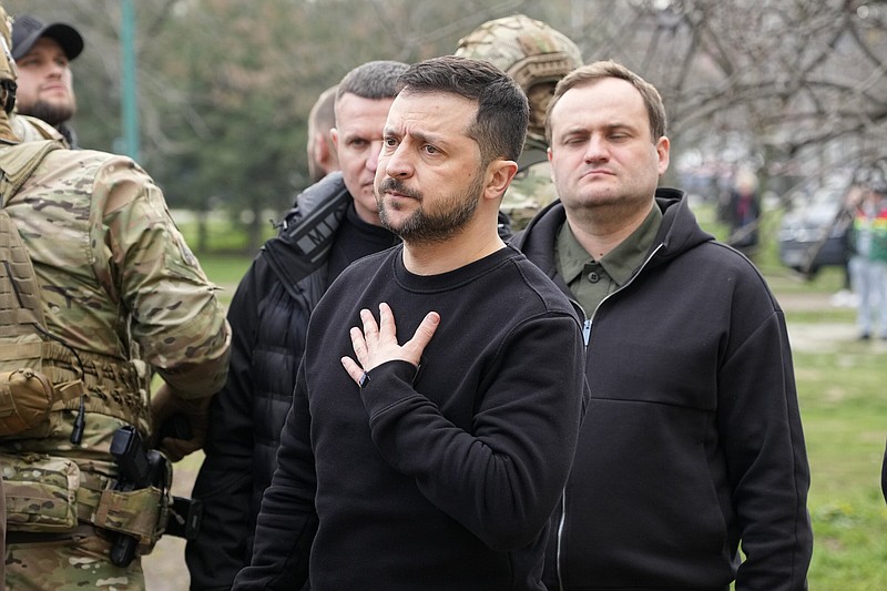 Ukraine's President Volodymyr Zelenskyy gestures during a visit to Zaporizhzhia, Ukraine, Monday March 27, 2023. (AP Photo/Efrem Lukatsky)