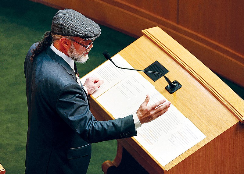 Rep. Wayne Long, R-Bradford, presents HB1468, prohibiting school employees from using a person’s preferred pronoun without parental consent, on Monday during the House session at the state Capitol in Little Rock.

(Arkansas Democrat-Gazette/Thomas Metthe)