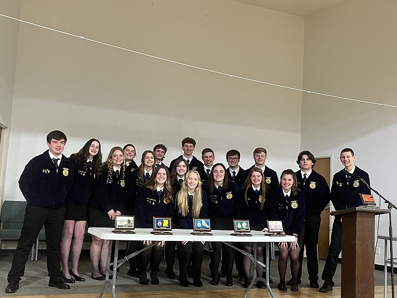 Submitted/Courtesy of Gary Reichel 
California FFA members gather around a host of awards won during the Area 8 Leadership and Development event.