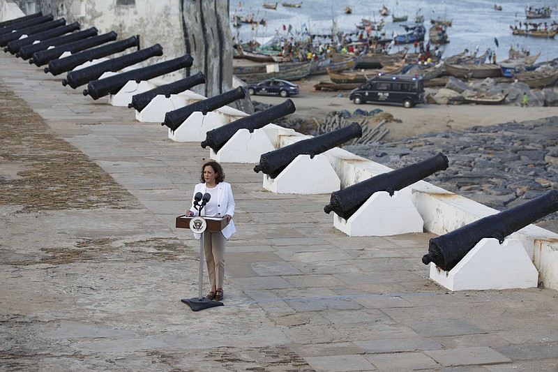 U.S. Vice President Kamala Harris speaks at Cape Coast Castle in Ghana, Tuesday March 28, 2023. This castle was one of around 40 &quot;slave castles&quot; that served as prisons and embarkation points for slaves en route to the Americas. Harris is on a seven-day African visit that will also take her to Tanzania and Zambia. (AP Photo/Misper Apawu)