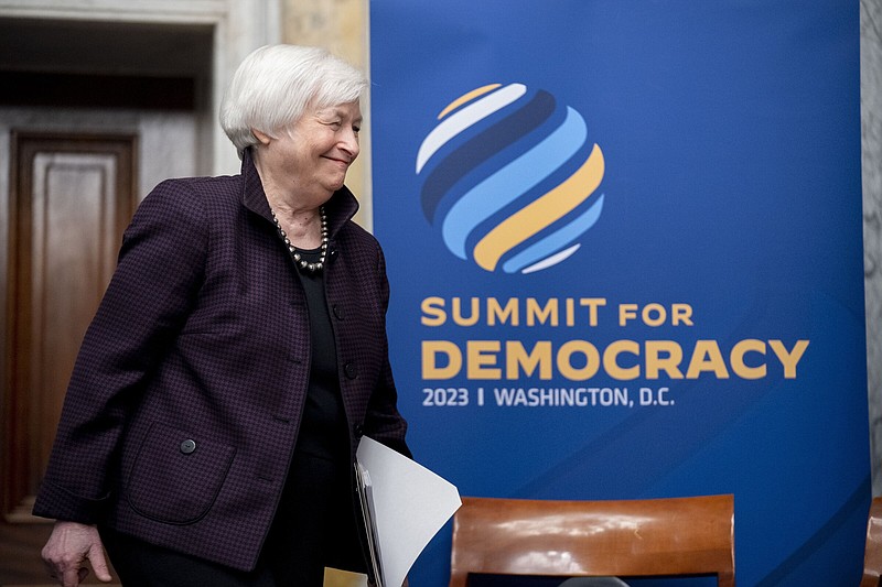 Treasury Secretary Janet Yellen arrives to speak during an anti-corruption panel discussion as part of the 2023 Summit for Democracy at the Treasury Department, Tuesday, March 28, 2023, in Washington. (AP Photo)