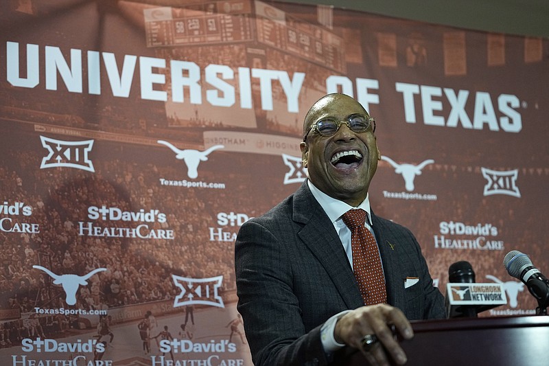 New Texas NCAA college basketball head coach Rodney Terry talks to the media during a news conference in Austin, Texas, Tuesday, March 28, 2023. (AP Photo/Eric Gay)