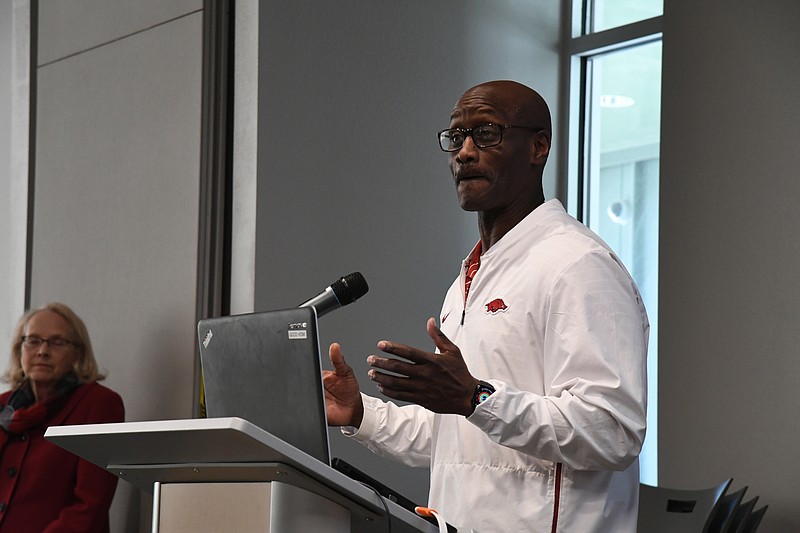 University of Arkansas Chancellor Charles F. Robinson speaks to students at ASMSA Wednesday. - Photo by Lance Brownfield of The Sentinel-Record.