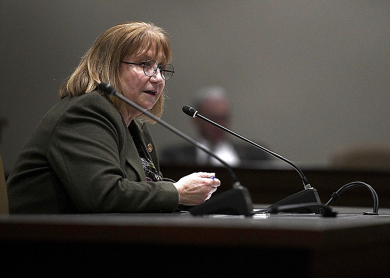 Representative Frances Cavenaugh, R-Walnut Ridge, presents HB1399, which would require local jurisdictions to post certain notices online rather than printing them in local newspapers, during a meeting of the House City Council and Local Affairs Committee at the State Capitol on Wednesday, Feb. 22, 2023. (Arkansas Democrat-Gazette/Stephen Swofford)