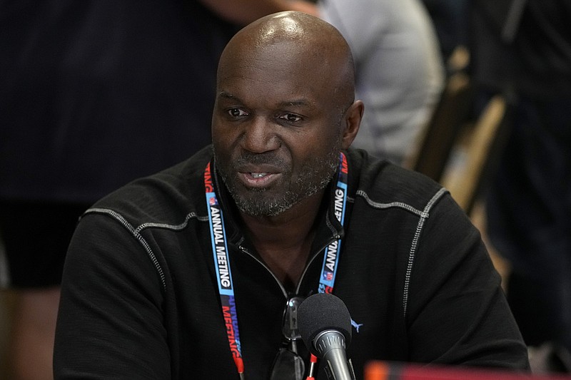 Tampa Bay Buccaneers head coach Todd Bowles speaks during the NFC head coaches availability at the NFL football meetings, Tuesday, March 28, 2023, in Phoenix. (AP Photo/Matt York)