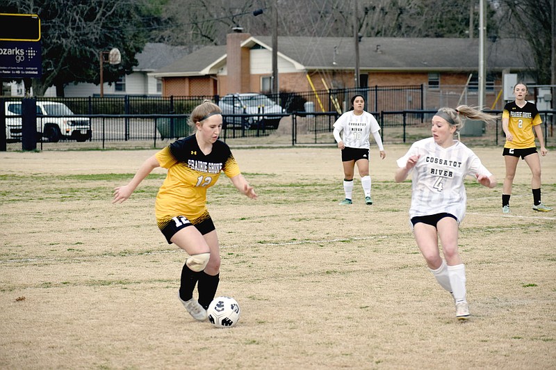 Mark Humphrey/Enterprise-Leader
Prairie Grove's Emma Henry controls the ball during a March 1, 2023, girls soccer, 5-0, nonconference win at Tiger Den Stadium over Cossatot River. The Lady Tigers don't have any locker rooms where they can dress out for home matches, and its been that way ever since the program pioneered in the spring of 2013.