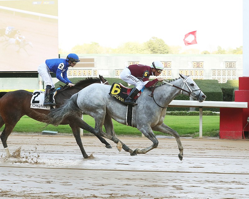 Wicked Halo (6), under Tyler Gaffalione, beats Matareya (2), under Flavien Prat, in the $250,000 Matron Stakes Friday at Oaklawn. - Photo courtesy of Coady Photography