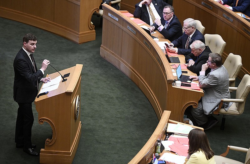 Arkansas Representative Austin McCollum, R-Bentonville, introduces HB1513, which would create an election integrity unit in the Attorney General's office, during a meeting of the House of Representatives on Monday, April 3, 2023.

(Arkansas Democrat-Gazette/Stephen Swofford)