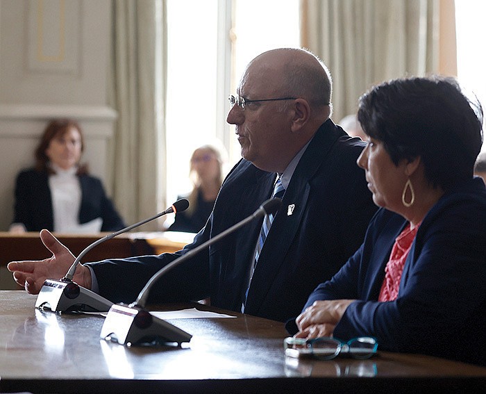 Sen. John Payton (left), R-Wilburn, and Rep. Mary Bentley, R-Perryville, present HB1610 to amend the law relating to public meetings under the Freedom of Information Act on Tuesday during a hearing of the Senate Committee on State Agencies and Governmental Affairs at the state Capitol in Little Rock. 
(Arkansas Democrat-Gazette/Thomas Metthe)