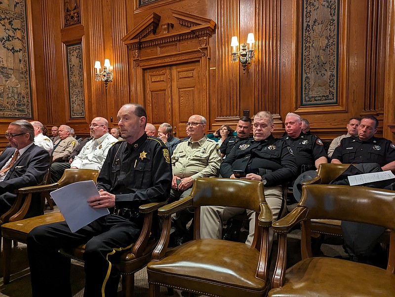 Ryan Pivoney/News Tribune
Officers from about a dozen county sheriff's offices packed the Senate Lounge Wednesday morning to show their support for SJR 42. The proposed constitutional amendment would enshrine county sheriffs in the state constitution and allow them to disregard state and federal laws they disagree with.