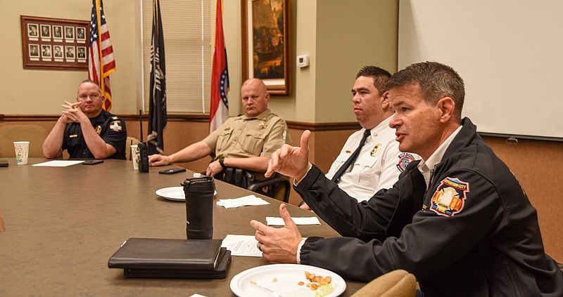 Julie Smith/News Tribune photo: 
Jefferson City Fire Chief Matt Schofield, near, Cole County EMS Chief Eric Hoy, Cole County Sheriff John Wheeler and Jefferson City Police Chief Eric Wilde, far end, made up a panel of first responder organizations Thursday, April 6, 2023, to speak about the high level of collaboration between Cole County and Jefferson City. They joined the Cole County Communities Committee, which meets the first Thursday of each month to go over items happening in each of the area communities in the county.