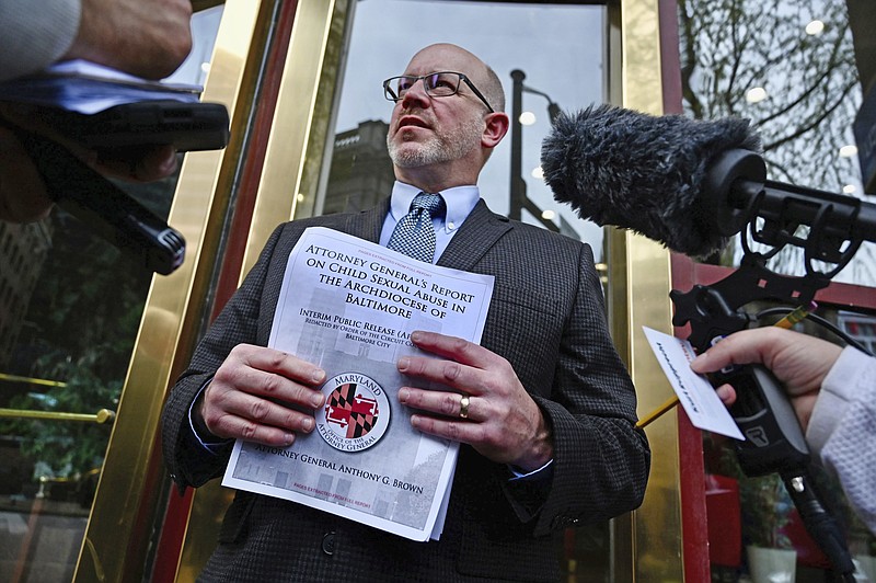 Kurt Rupprecht speaks about the abuse he suffered after the release of the redacted report on child sexual abuse in the Catholic Archdiocese of Baltimore by the Maryland Attorney General's Office on Wednesday, April 6, 2023, in Baltimore. (Kim Hairston/The Baltimore Sun via AP)