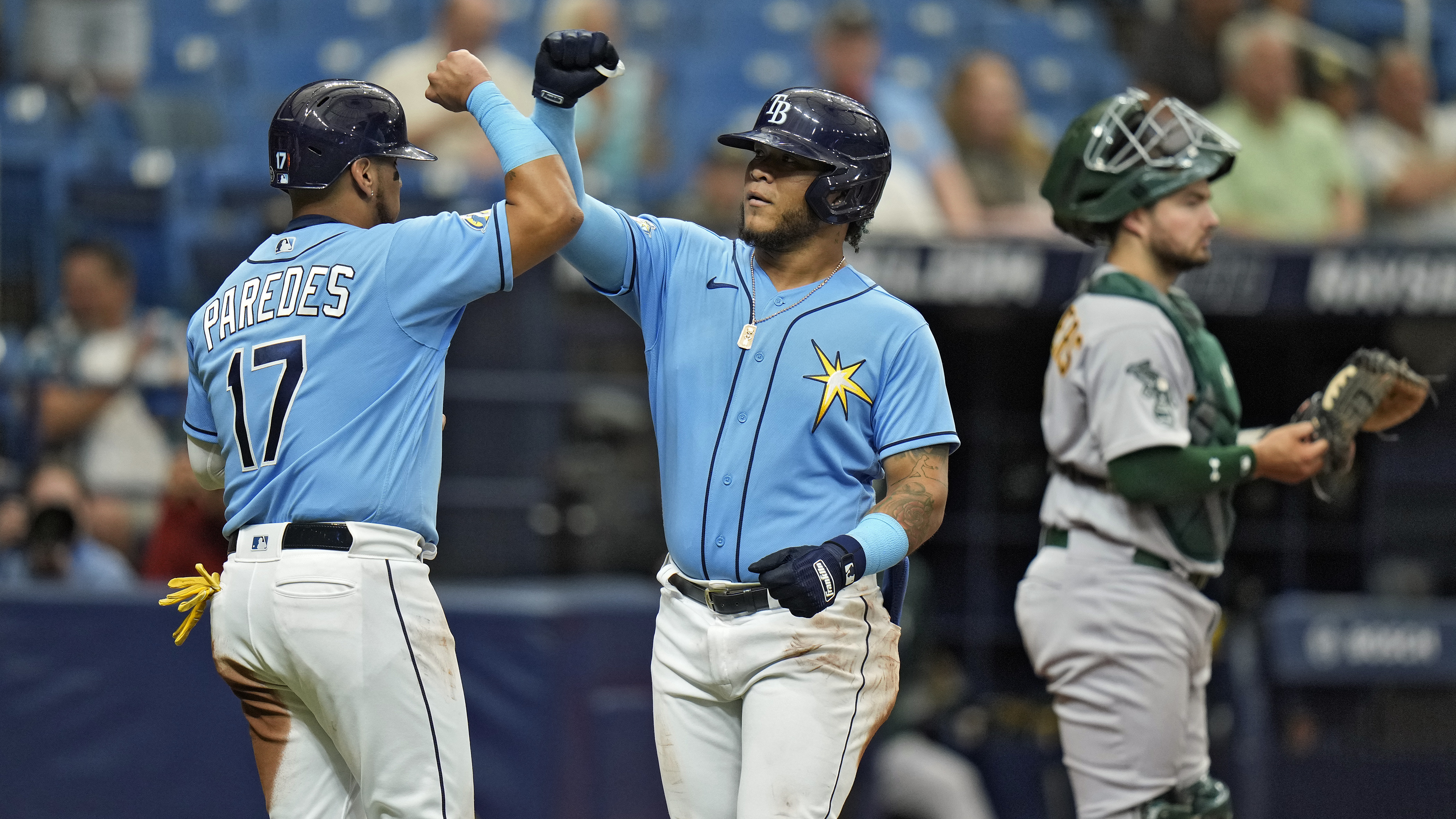 ST. PETERSBURG, FL - APRIL 24: Tampa Bay Rays Catcher Christian Bethancourt  (14) is pumped up after getting a key hit during the MLB regular season  game between the Houston Astros and