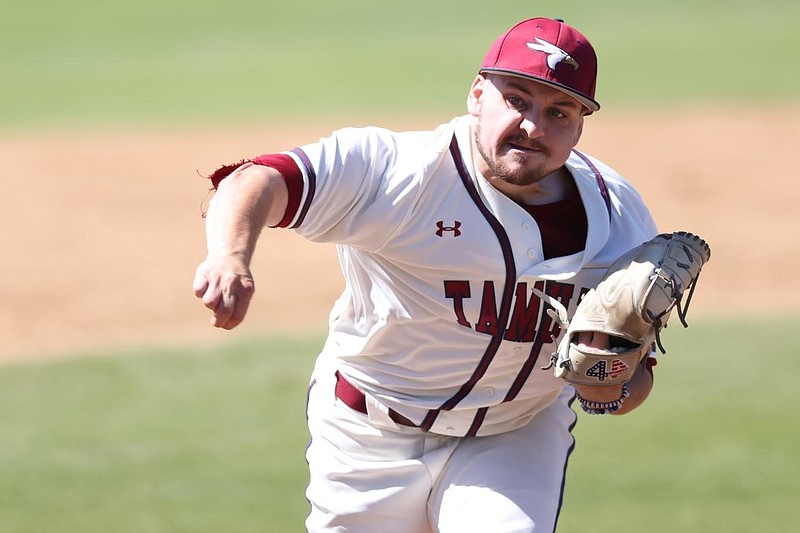 Texas A and M University-Texarkana pitcher Colin Fenili follows through on a pitch against Huston-Tillotson University in a college baseball game on Sunday.  (Photo courtesy of tamuteagles.com)