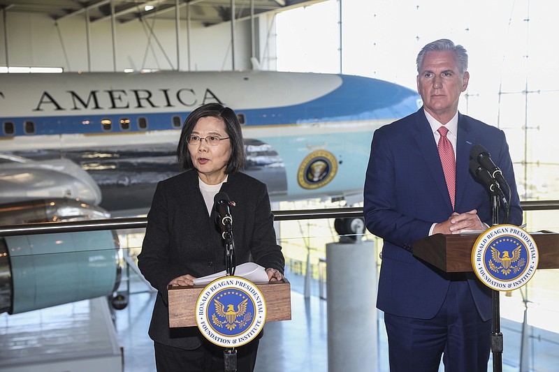 FILE - House Speaker Kevin McCarthy, R-Calif., right, and Taiwanese President Tsai Ing-wen deliver statements to the press after a Bipartisan Leadership Meeting at the Ronald Reagan Presidential Library in Simi Valley, Calif., Wednesday, April 5, 2023. Chinas military sent several dozen warplanes and 11 warships toward Taiwan in a display of force directed at the self-ruled island, Taiwans Defense Ministry said Monday, April 10,  after China launched large-scale military drills in retaliation for a meeting between the U.S. House of Representatives speaker and Taiwan's President.  (AP Photo/Ringo H.W. Chiu, File)