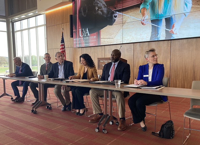 Speakers at panel on rural development Monday, April 10, 2023 at University of Arkansas School of Agriculture in Fayetteville. (NWA Democrat-Gazette/DOUG THOMPSON)