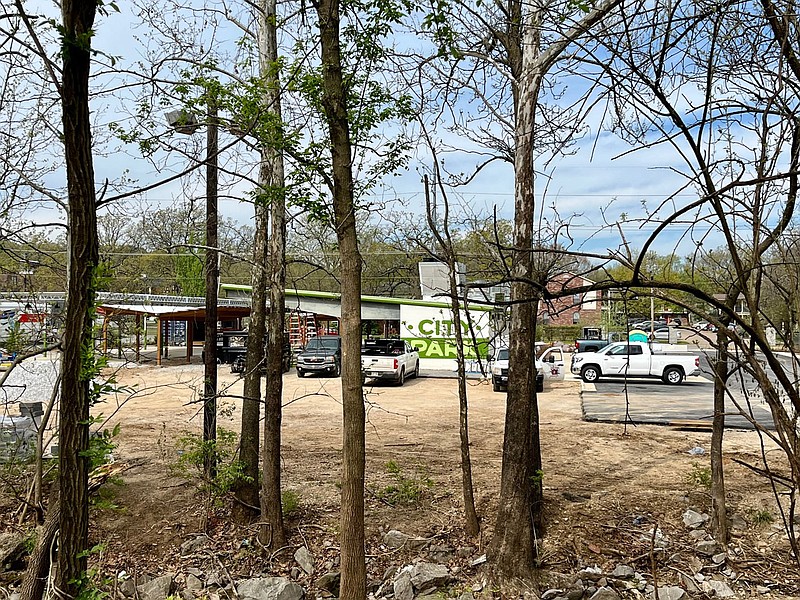A view of City Park, a new outdoor restaurant and bar concept from Feed & Folly, from the Razorback Greenway in Fayetteville. The eatery plans to open this spring, according to its website.

(NWA Democrat-Gazette/Garrett Moore)