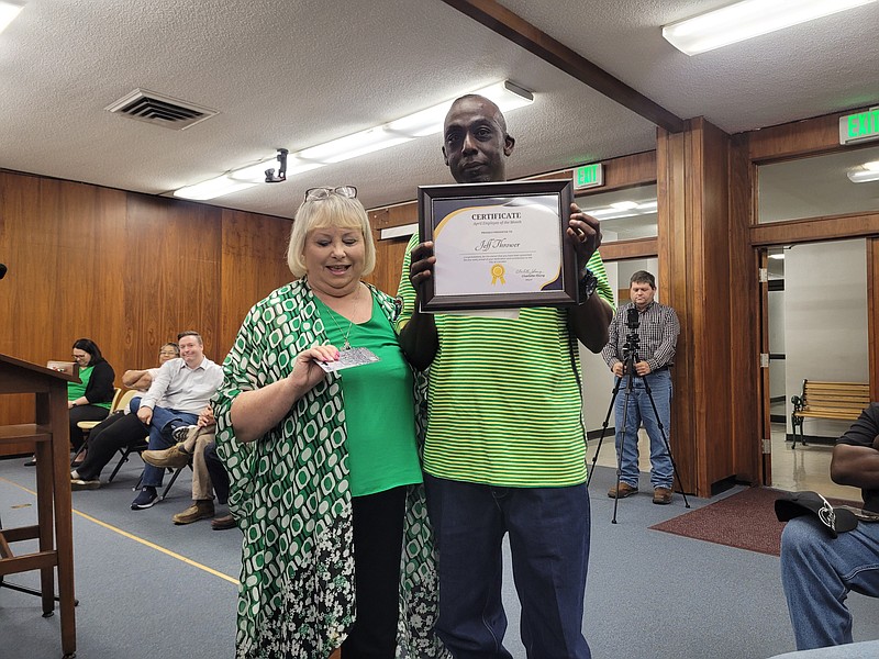 Photo by Bradly Gill
Camden Mayor Charlotte Young poses with Jeff Thrower of Public Works, The city of Camden's April Employee of the Month.