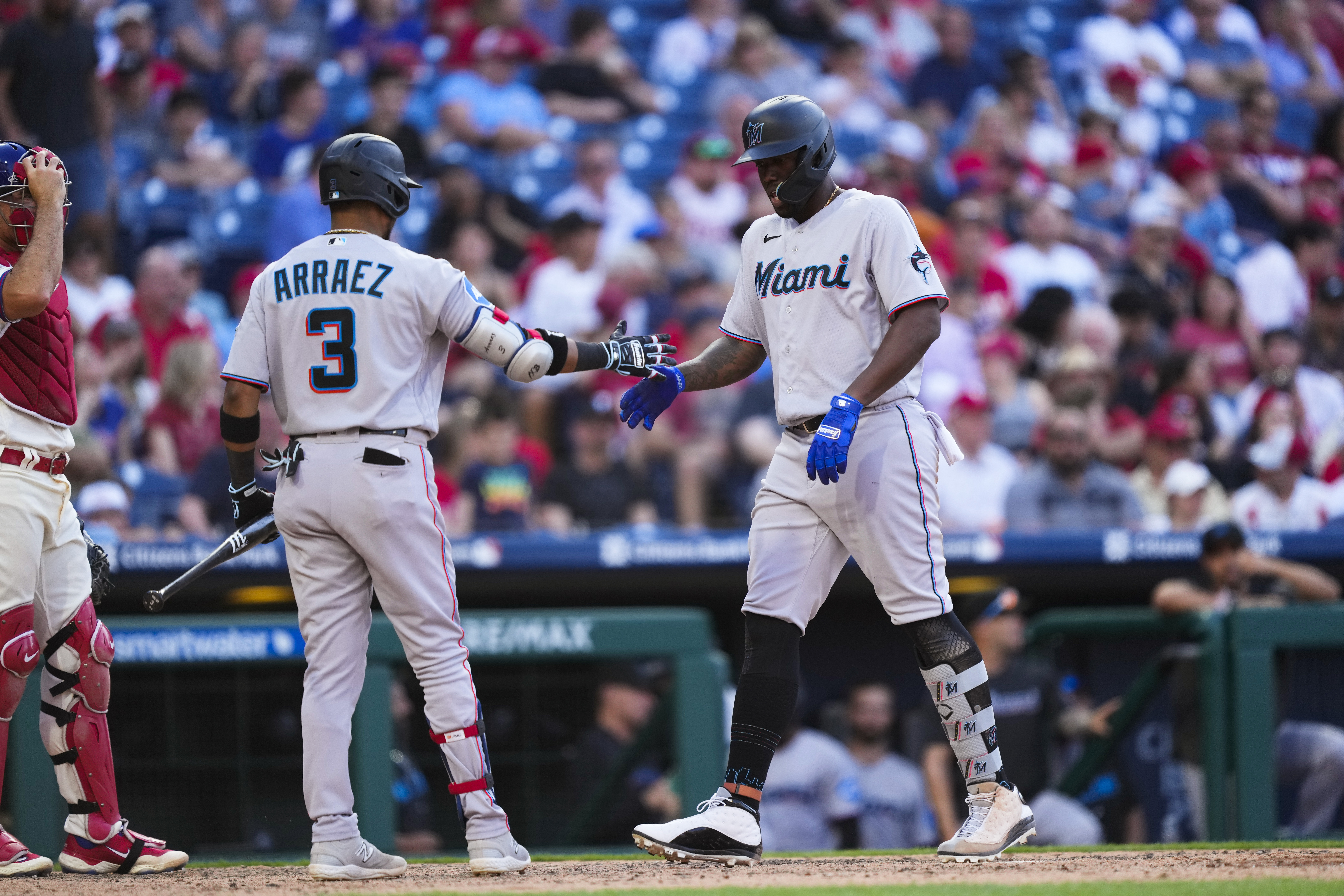 Jorge Soler of the Miami Marlins celebrates after hitting a home run in  2023