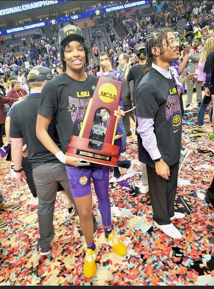 Texarkana native Sa'Myah Smith holds the championship trophy after the Tigers beat Iowa on Sunday, April 2, 2023, in the NCAA Women's Tournament. (Submitted photo)