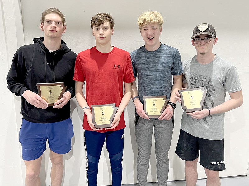 Graham Thomas/Herald-Leader
Siloam Springs boys swimmers (from left) Ben Wenger, Hayden Shimer, Jakin Matchell and Gabe Fox received Class 5A All-State honors for the 2022-23 season.