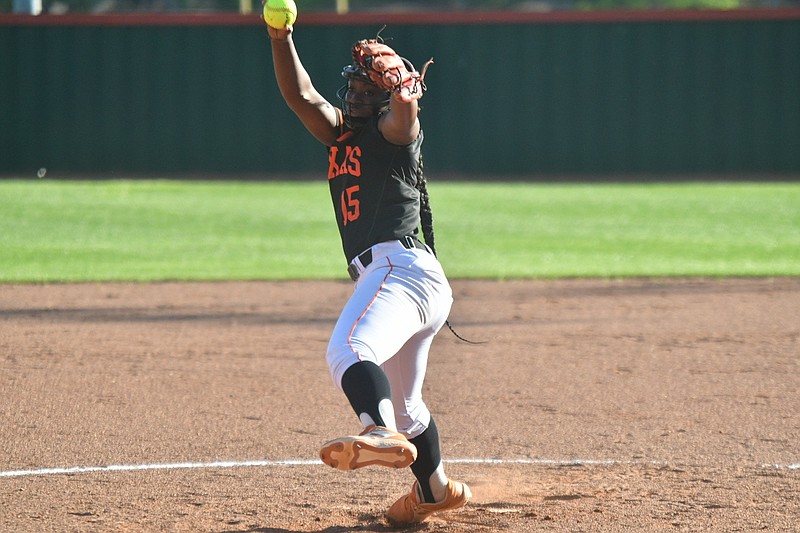 Texas High starting pitcher Sydney Woods takes the circle for the Lady Tigers versus Longview last week. (Photo by Kevin Sutton)