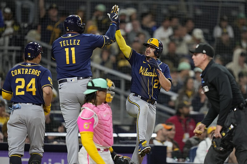 Rowdy Tellez of the Milwaukee Brewers celebrates after hitting a