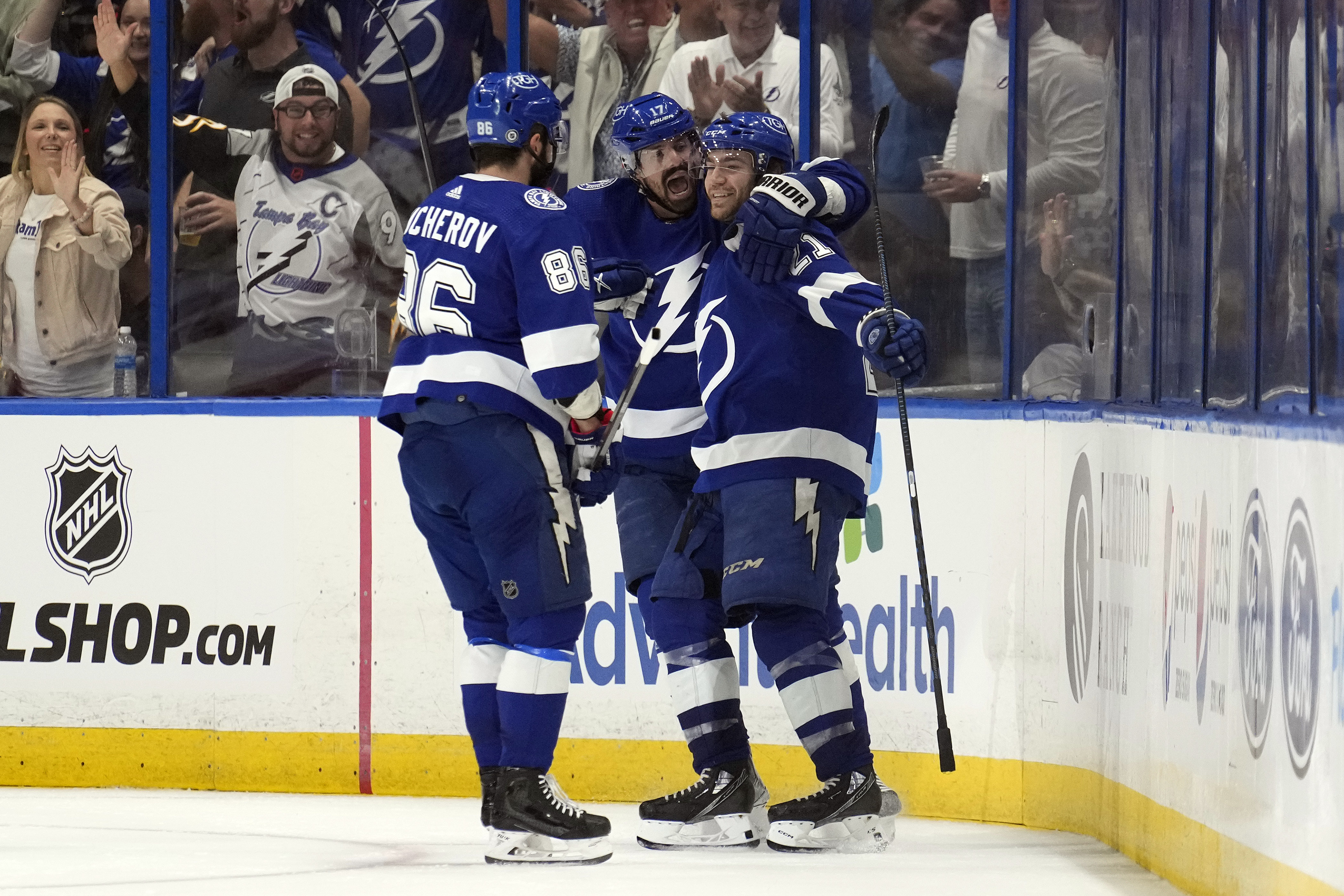 Tampa Bay Lightning center Brayden Point celebrates with teammate