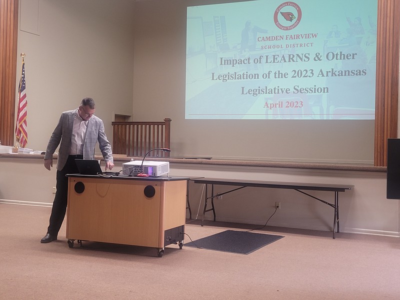 Camden Fairview Superintendent Johnny Embry  shows a Power Point slide at a presentation on Wednesday, April 12 regarding the LEARNS Act. (Photo by Bradly Gill)