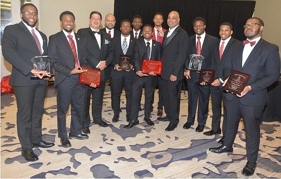 The Gamma Sigma Chapter of Kappa Alpha Psi Fraternity Inc. members display awards. Members are Xavier Brown (left) LKenna Whitehead, William Puder, Southwestern Province Polemarch; Ray Walker, Chapter Advisor; Jonathan Burgess, Daniel Overton, Bryce Smith, Michael Davis, Ryan Gilner, Senior Vice Province Polemarch; Theophilus Smith Jr., Joshua Holloway, and Stephen Pinkins. (Special to The Commercial/University of Arkansas at Pine Bluff)