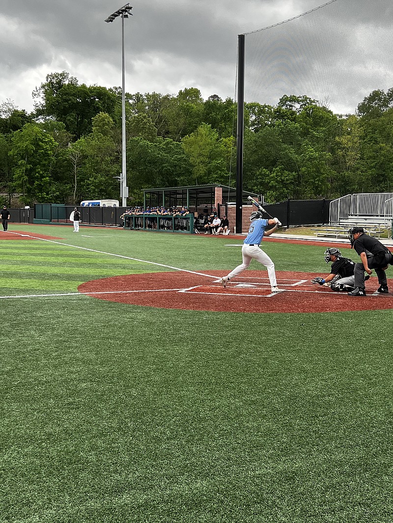 National Park College's Bryson Sellier takes strike two against Carl Albert State College Thursday at Majestic Park. The Nighthawks defeated the Vikings 15-11 in game one. - Photo by Bryan Rice of The Sentinel-Record